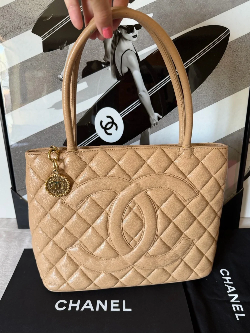 CHANEL Medallion Tote Bag Beige Caviar Leather Large CC Logo